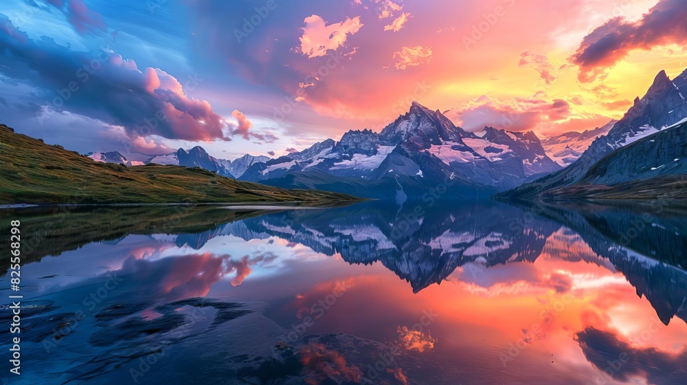 majestic mountain lake reflecting colorful sky and snowcapped peaks landscape photography