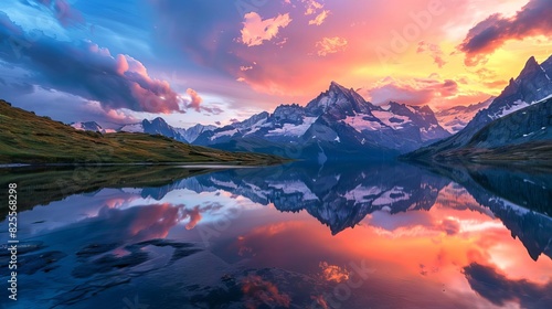 majestic mountain lake reflecting colorful sky and snowcapped peaks landscape photography