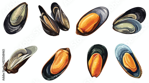 Hand drawn mussel set colored sketch vector illustr