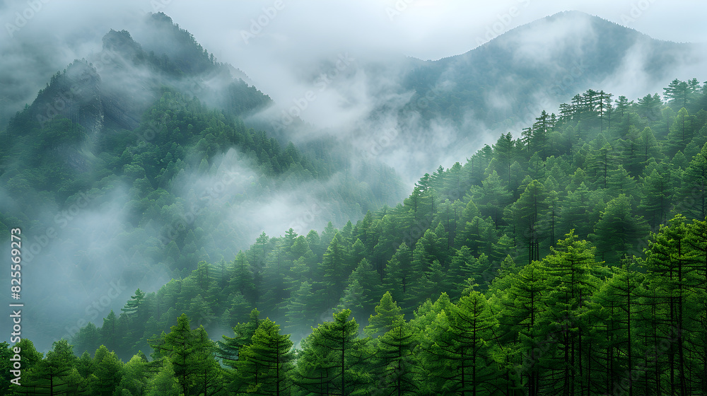 Misty Mountain with Trees in the Foreground, Eerie Atmosphere