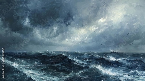 stormy seascape oil painting of a wavy ocean with dramatic overcast sky