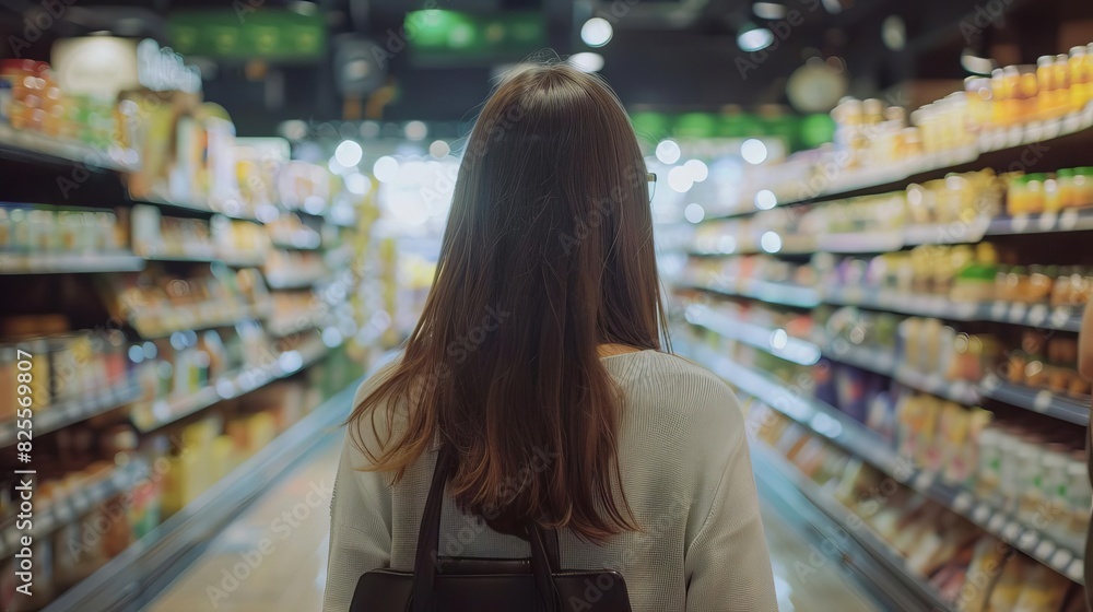 young woman shopping for groceries in supermarket rear view photo