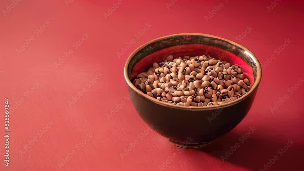 Bowl of black-eyed peas on red surface Bowl of black-eyed peas on red surface