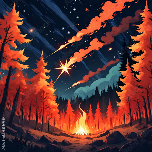 Burning Night: The Fiery Embrace of the Forest Beneath a Starry Canopy