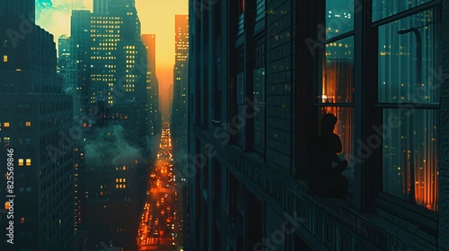 an evening cityscape where the warm glow of street lights casts silhouettes of urban dwellers--one peering out from a window of a darkened building photo