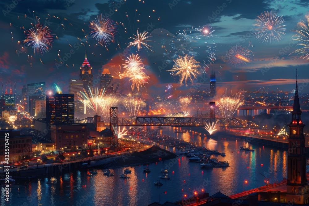 Spectacular fireworks display over Cleveland city skyline celebrating festive evening event