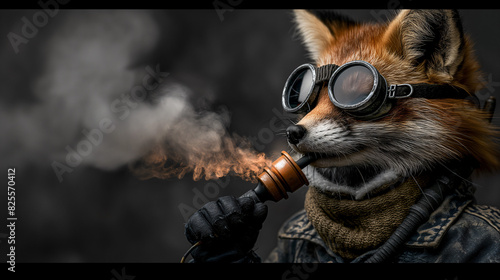 portrait of a cool engineer or scientist fox wearing lage googles and holding a steaming copper object in his mouth photo