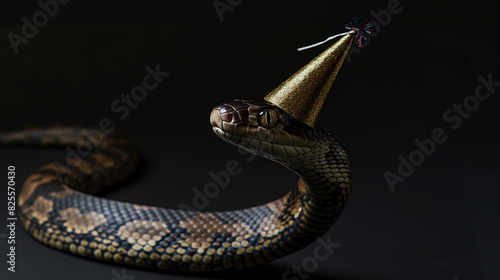 snake in a dark room wearing a golden party hat photo