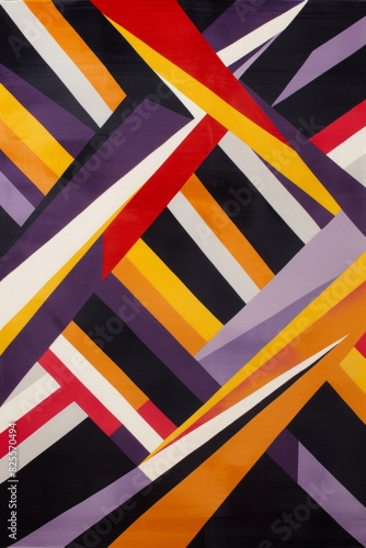 colorful geometric design that has a black base with vibrant, asymmetrical stripes in various colors, including yellow, white, orange, purple, and red.