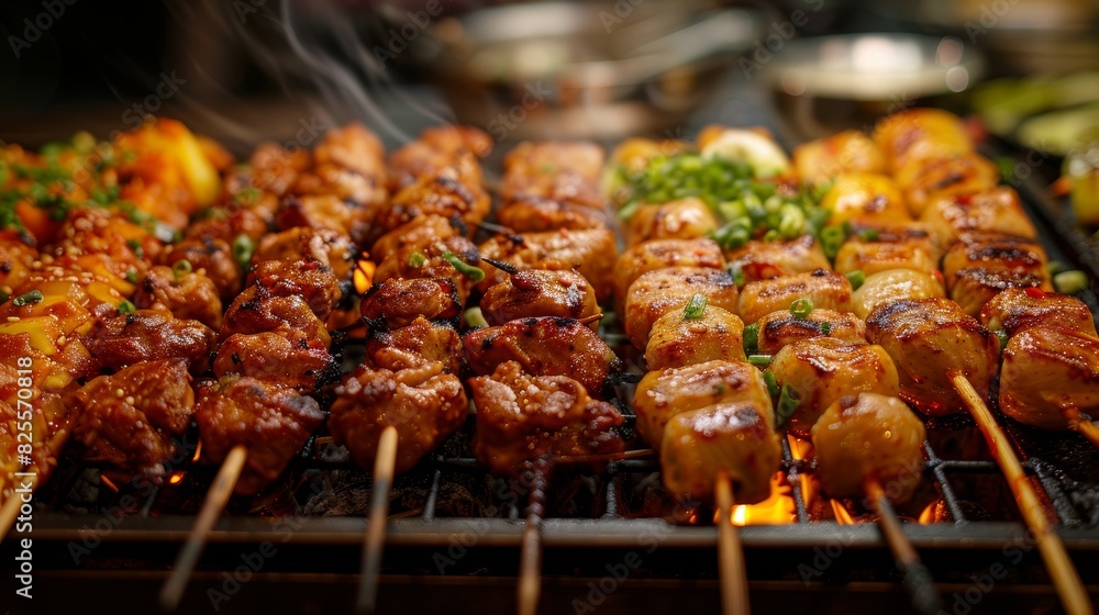 A colorful variety of grilled skewers featuring marinated meat and vegetables sizzling over hot flames, representing a lively outdoor barbeque feast A colorful variety of grilled skewers featuring marinated meat and vegetables sizzling over hot flames, representing a lively outdoor barbeque feast