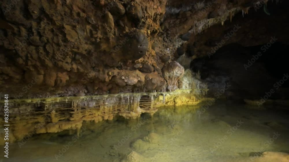 Idyllic Lake in a cave, with stalactites, stalagmites and rock formations. High quality 4k footage Idyllic Lake in a cave, with stalactites, stalagmites and rock formations. High quality 4k footage