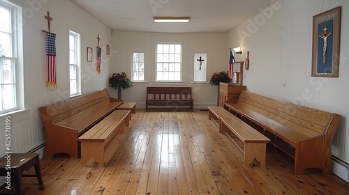 A quiet  serene chapel with wooden pews  crucifixes  and American flags  capturing the essence of a peaceful place of worship bathed in natural light