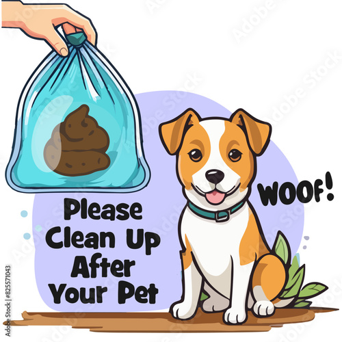 Please Clean Up After Your Pet Sign. Human hand holding bag with dog poop and friendly dog sitting illustration in cartoon style. Social responsibility. Animal excrement. Isolated vector illustration.