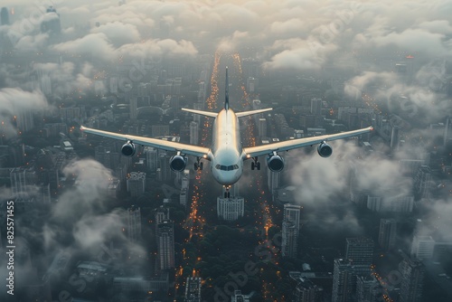 A breathtaking aerial view captures a commercial airplane soaring over a bustling cityscape enveloped in clouds with illuminated streets
