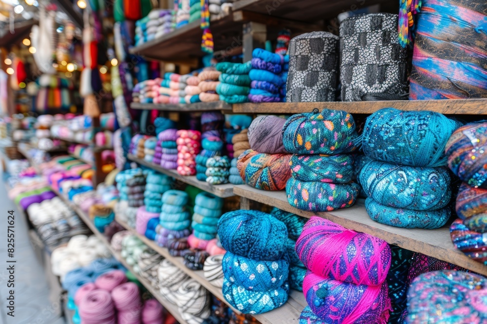 Extensive assortment of colorful yarns and threads on wooden shelves in a vibrant local market showcasing a variety of patterns and textures