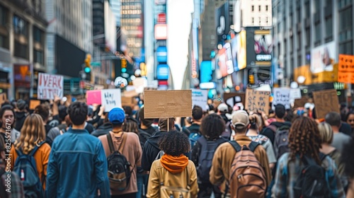 Protesters with signs advocating for solidarity in a bustling city street