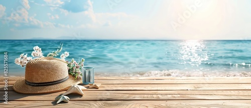 Beach background with shell accessories, starfish and straw hats on wooden floor. photo