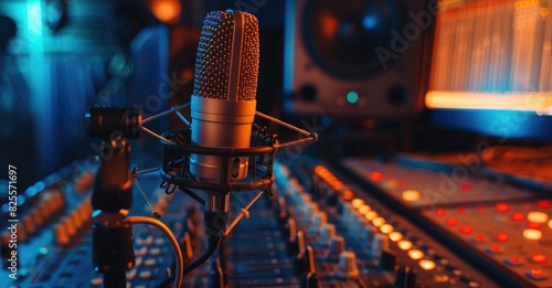 Close up view of microphone in a sound recording studio with audio mixer and professional equipments in the background. Podcast, radio or song recording studio concept. Blue and orange lighting. photo