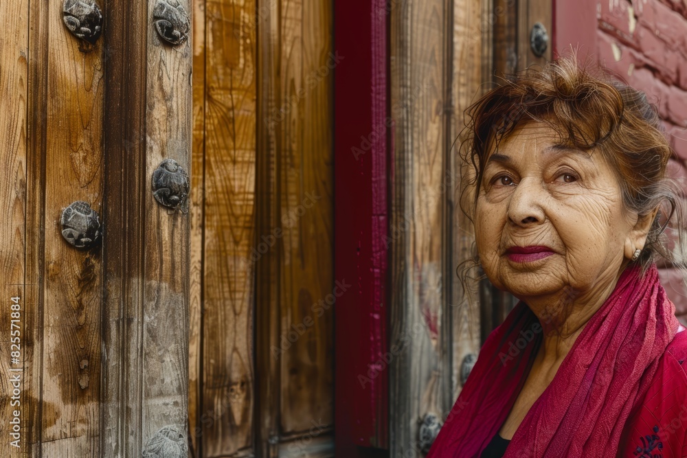 A thoughtful elderly woman with expressive eyes and a red scarf stands against a rustic wooden door with ornate carvings, evoking a deep sense of history and culture A thoughtful elderly woman with expressive eyes and a red scarf stands against a rustic wooden door with ornate carvings, evoking a deep sense of history and culture