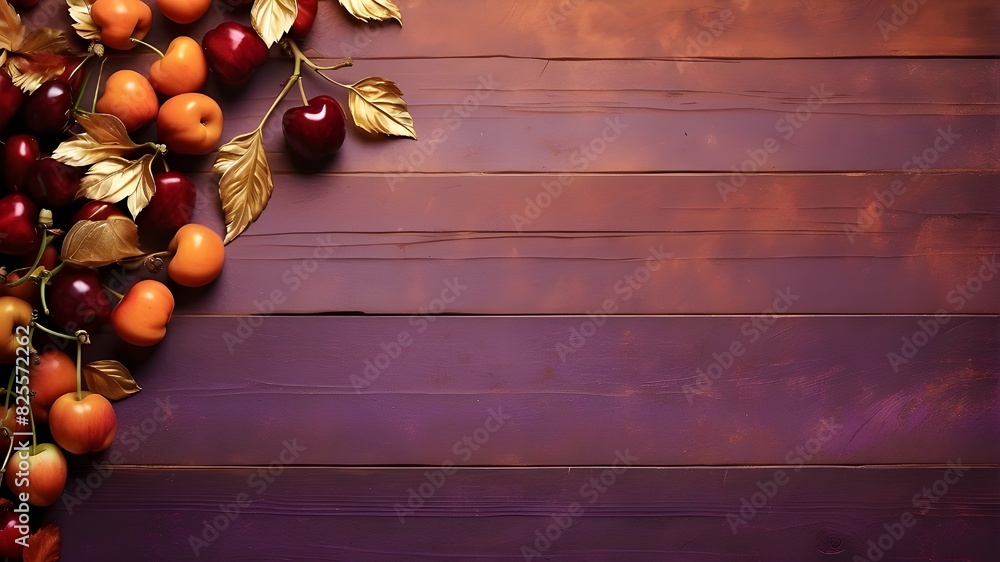 Naklejka premium A vintage cherry gold background with design space is paired with a rich gradient texture in shades of dark orange, brown, and purple. Ideal for autumn-themed environments, Halloween, and Thanksgiving