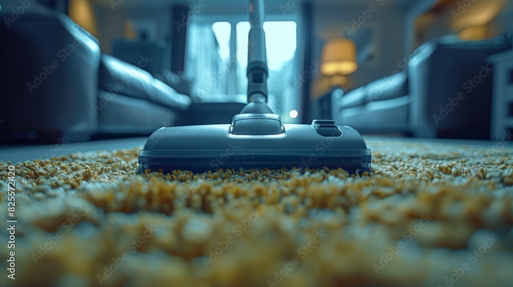 Close-up view of a modern vacuum cleaner operating on a textured carpet inside a cozy living room, reflecting an everyday household scene with an emphasis on cleanliness and technology