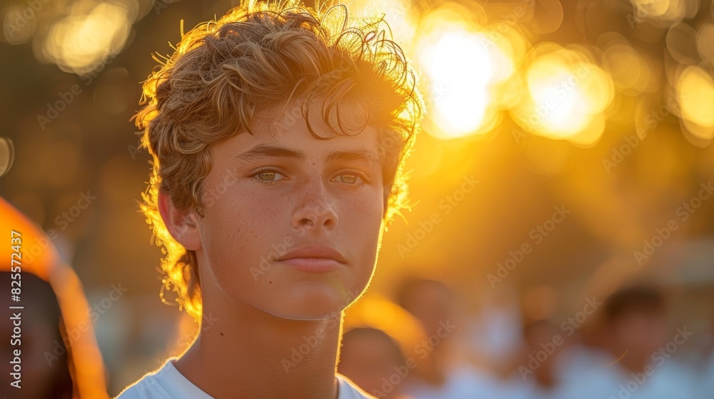 A young man with tousled hair standing amidst a golden sunset, with the warm light beautifully illuminating his features and creating a serene background A young man with tousled hair standing amidst a golden sunset, with the warm light beautifully illuminating his features and creating a serene background