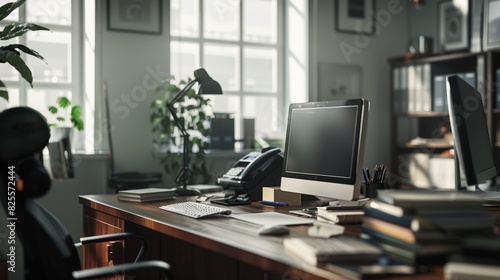 Modern office workspace with large windows, an organized desk setup featuring a computer, phone, and various books and files, and plants adding a touch of greenery © aicandy