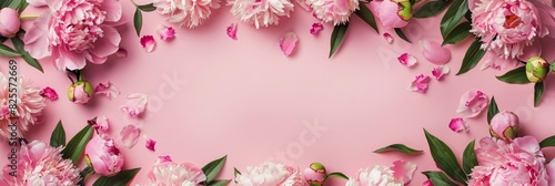 Frame made of beautiful peony flowers on pink background. Flat lay, copy space, summer flowers