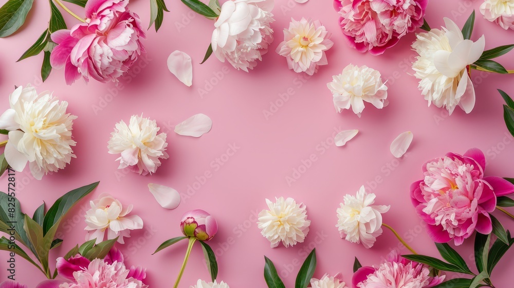 Frame made of beautiful peony flowers on pink background. Flat lay, copy space, summer flowers Frame made of beautiful peony flowers on pink background. Flat lay, copy space, summer flowers