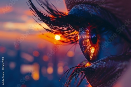 Detailed view of an eye reflecting a sunset cityscape, merging natural beauty with urban environment photo