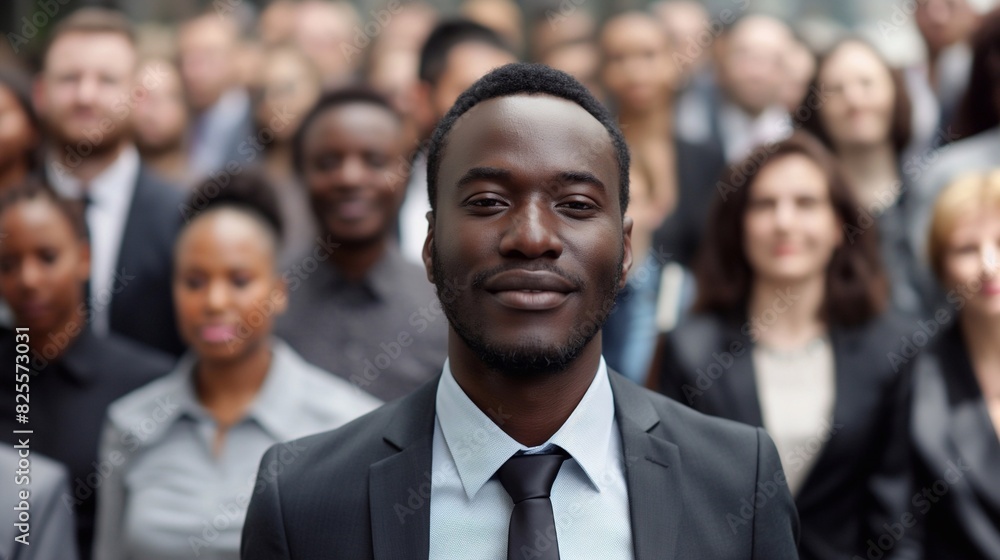 A diverse group of business people are smiling at the camera, standing in front of each other and looking into the frame. The focus is on one man wearing professional attire. generative AI A diverse group of business people are smiling at the camera, standing in front of each other and looking into the frame. The focus is on one man wearing professional attire. generative AI