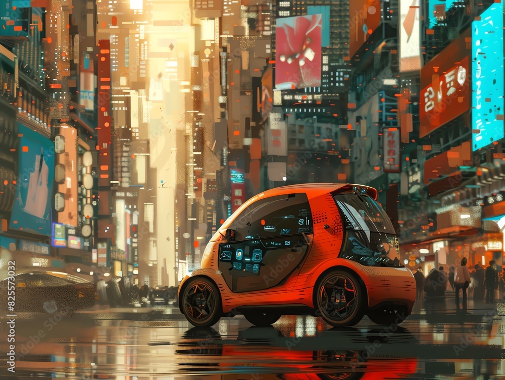 A compact electric city car in a bustling urban environment A compact electric city car in a bustling urban environment