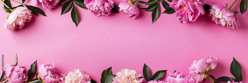 Frame made of beautiful peony flowers on pink background. Flat lay, copy space, summer flowers