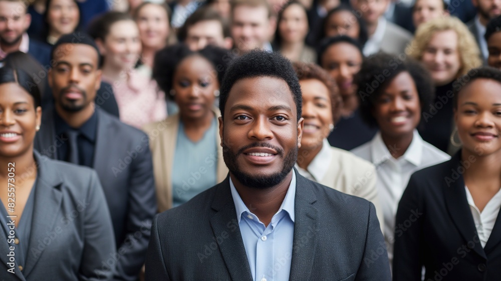 A diverse group of business people are smiling at the camera, standing in front of each other and looking into the frame. The focus is on one man wearing professional attire. generative AI A diverse group of business people are smiling at the camera, standing in front of each other and looking into the frame. The focus is on one man wearing professional attire. generative AI