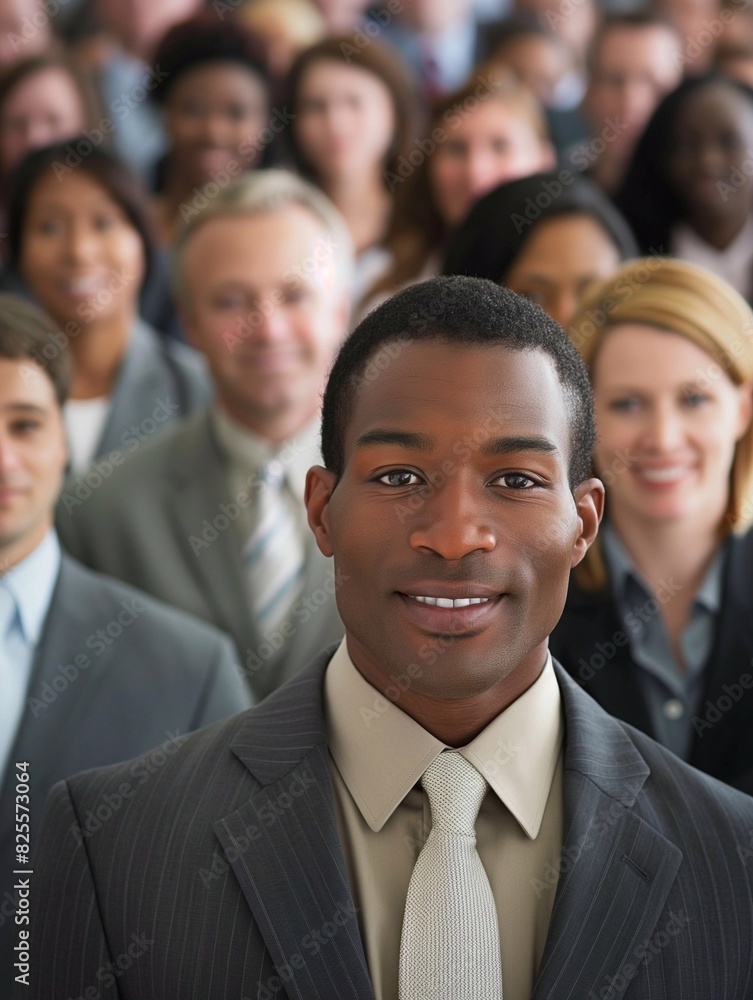 A diverse group of business people are smiling at the camera, standing in front of each other and looking into the frame. The focus is on one man wearing professional attire. generative AI A diverse group of business people are smiling at the camera, standing in front of each other and looking into the frame. The focus is on one man wearing professional attire. generative AI