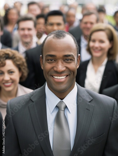 A diverse group of business people are smiling at the camera, standing in front of each other and looking into the frame. The focus is on one man wearing professional attire. generative AI