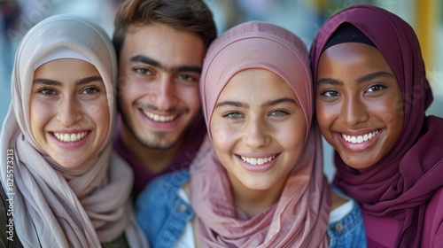 A group of diverse young individuals dressed in colorful hijabs and smiles, radiating unity and joy as they stand closely together outdoors