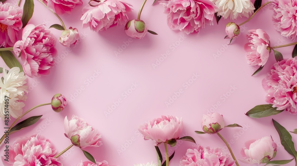 Frame made of beautiful peony flowers on pink background. Flat lay, copy space, summer flowers Frame made of beautiful peony flowers on pink background. Flat lay, copy space, summer flowers