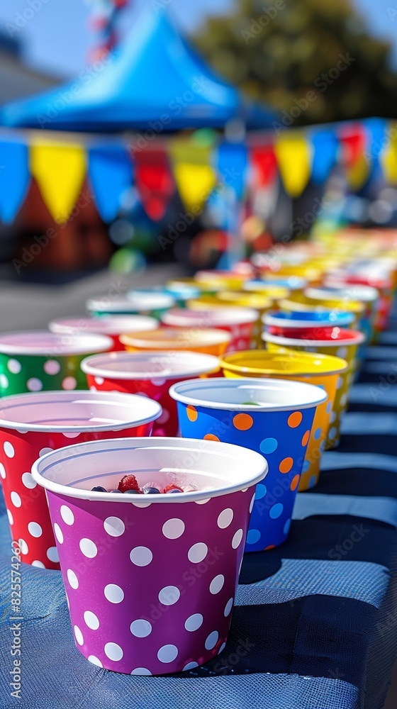 A colorful array of polka-dotted cups filled with various beverages lined up on a table at an outdoor event, under a festive tent with vibrant flags in the background