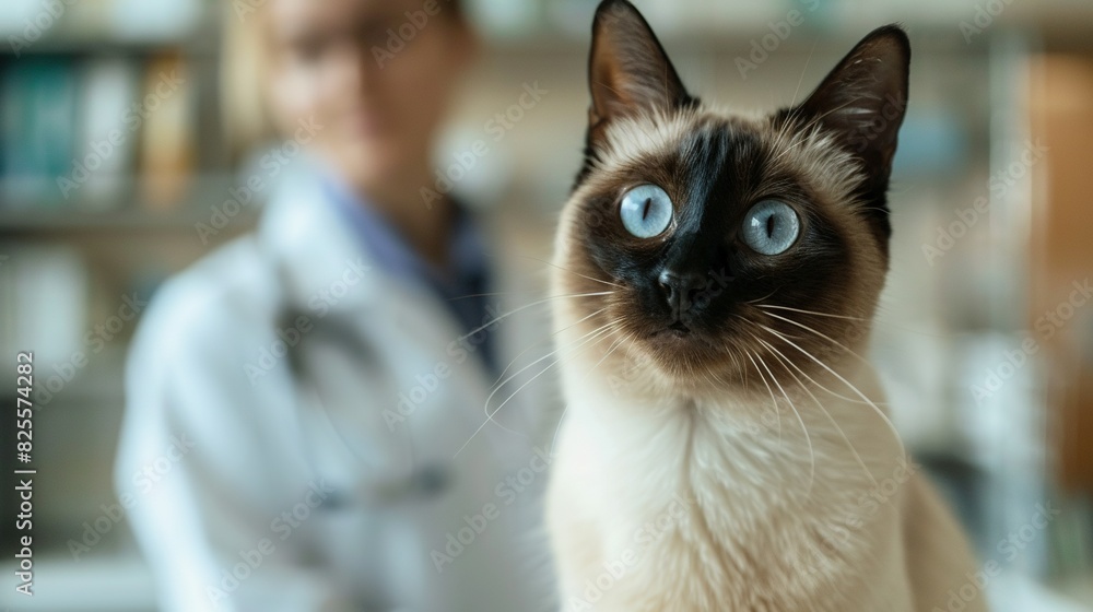 Portrait of a cat with a doctor in a white coat in the background Portrait of a cat with a doctor in a white coat in the background