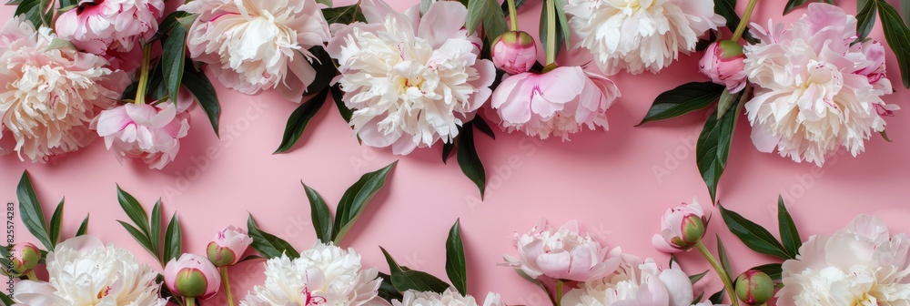 Frame made of beautiful peony flowers on pink background. Flat lay, copy space, summer flowers Frame made of beautiful peony flowers on pink background. Flat lay, copy space, summer flowers