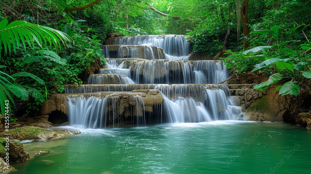 A serene and enchanting multi-tiered waterfall cascading through lush green tropical forest creating a tranquil and picturesque natural landscape