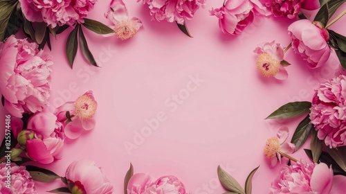 Frame made of beautiful peony flowers on pink background. Flat lay, copy space, summer flowers