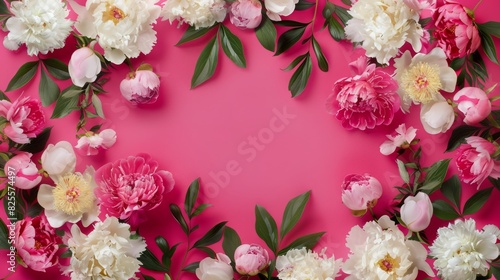 Wallpaper Mural Frame made of beautiful peony flowers on pink background. Flat lay, copy space, summer flowers Torontodigital.ca