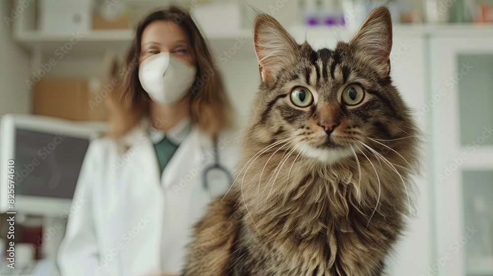 Portrait of a cat with a doctor in a white coat in the background Portrait of a cat with a doctor in a white coat in the background