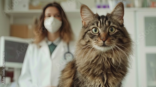 Portrait of a cat with a doctor in a white coat in the background