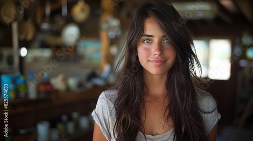 A young woman with long dark hair and a relaxed smile stands in a warmly lit, rustic kitchen setting, surrounded by various kitchen utensils