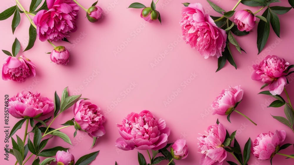 Frame made of beautiful peony flowers on pink background. Flat lay, copy space, summer flowers