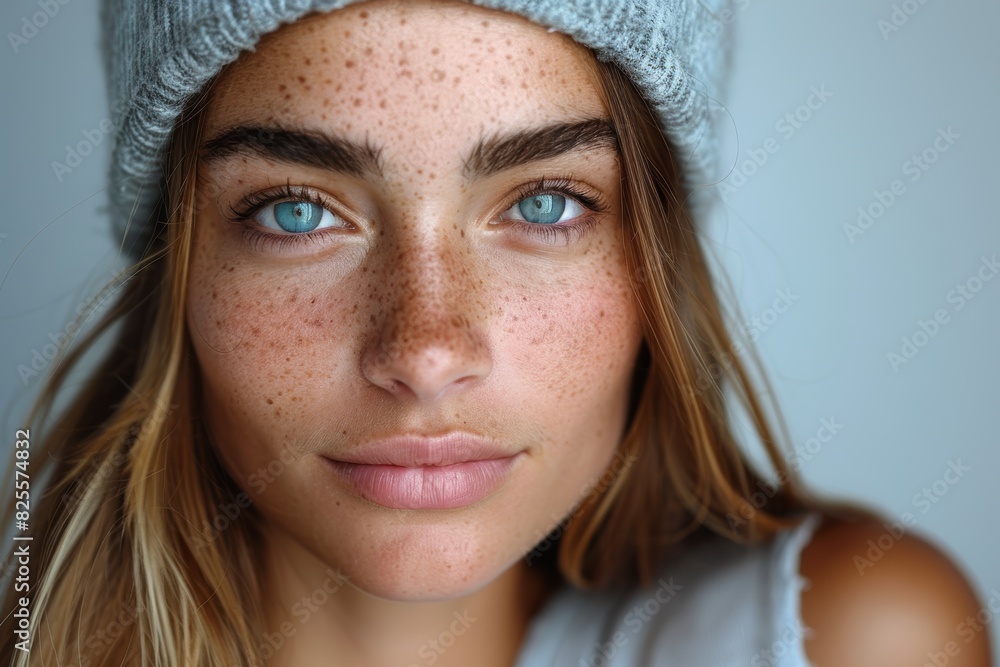 A close-up portrait of a young woman with blue eyes, freckles, and light brown hair wearing a knitted gray beanie and a casual white top, staring directly at the camera with a neutral expression A close-up portrait of a young woman with blue eyes, freckles, and light brown hair wearing a knitted gray beanie and a casual white top, staring directly at the camera with a neutral expression