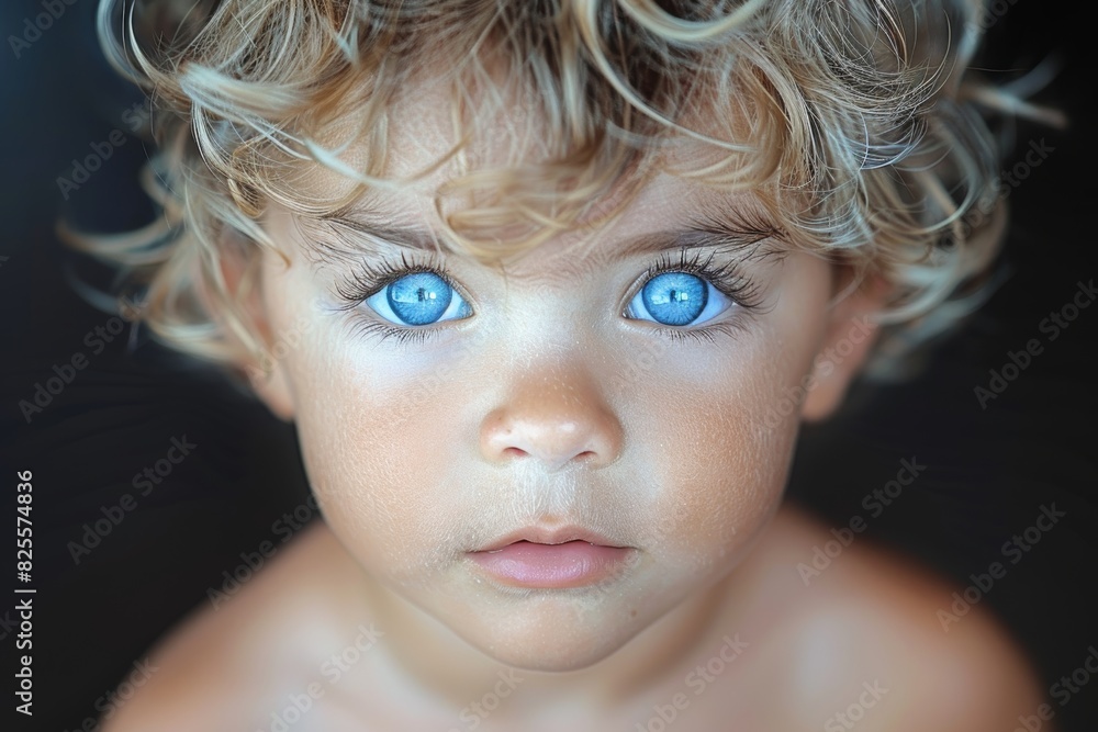 Captivating close-up portrait of a young child with curly blonde hair, striking blue eyes, and soft features against a dark background, displaying innocence and natural beauty Captivating close-up portrait of a young child with curly blonde hair, striking blue eyes, and soft features against a dark background, displaying innocence and natural beauty